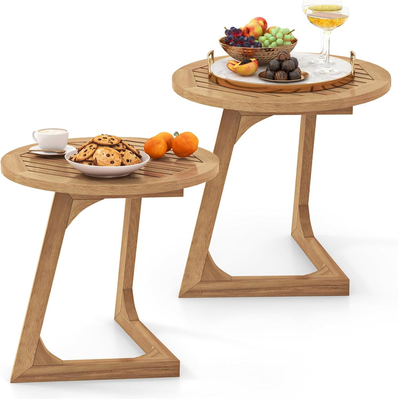 Giantex Teak Wood Outdoor Round Side Table with Slatted Tabletop