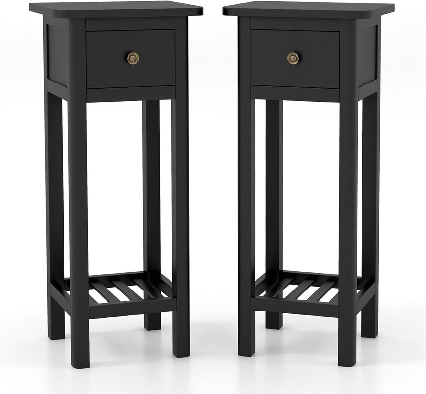 Giantex Narrow End Table with Drawer, Tall Acacia Wood Side Table with Bottom Shelf, Modern Bedside Tables