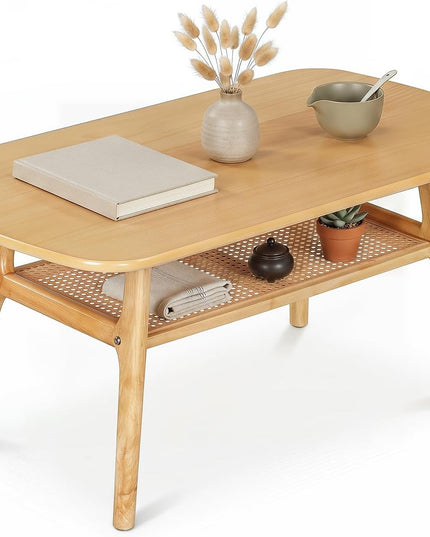Giantex Rattan Coffee Table, 39.5" Wood Center Table with Storage & Solid Rubber Wood Legs