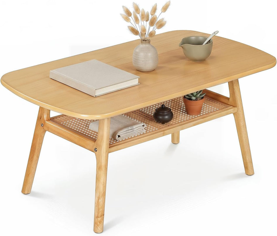 Giantex Rattan Coffee Table, 39.5" Wood Center Table with Storage & Solid Rubber Wood Legs