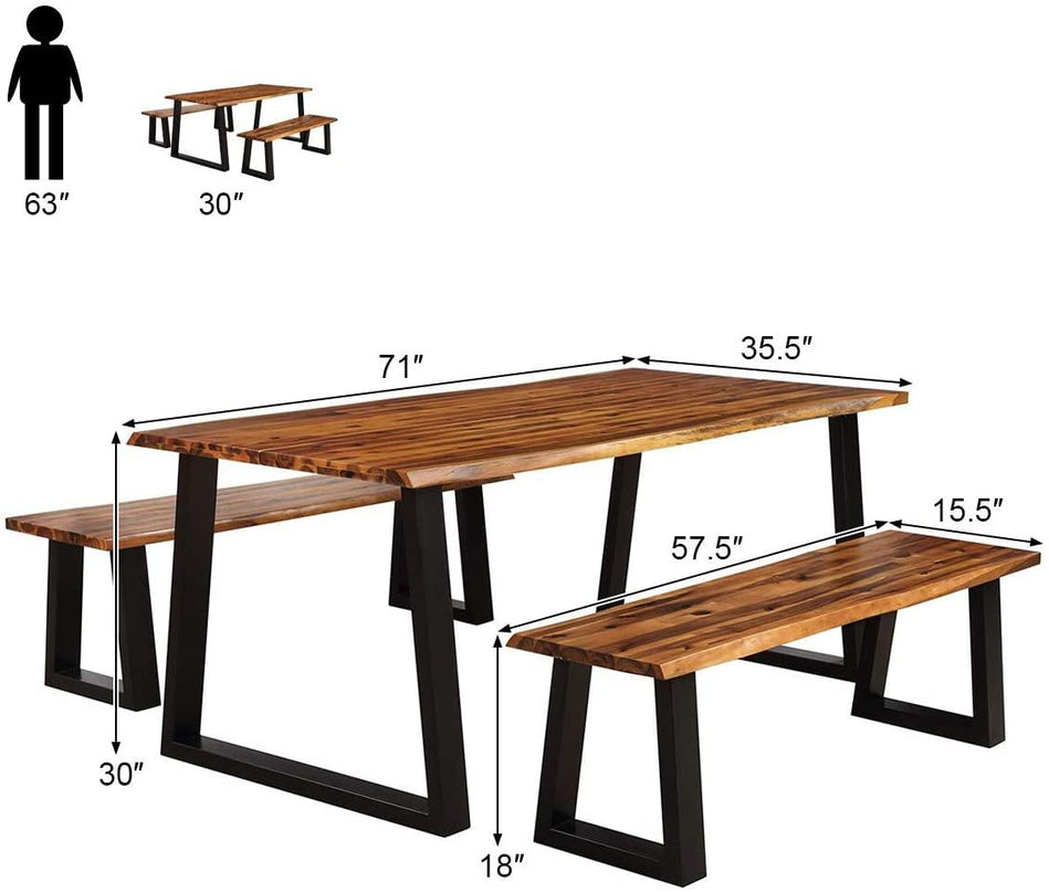 3PCS Wooden Dining Set Bench Chair Rustic Indoor &Outdoor Furniture - Giantexus