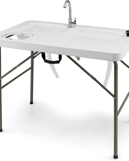 Giantex Fish Cleaning Table with 2 Sinks, Faucet, Garage Holder, Portable Folding Camping Table with Measuring Mark