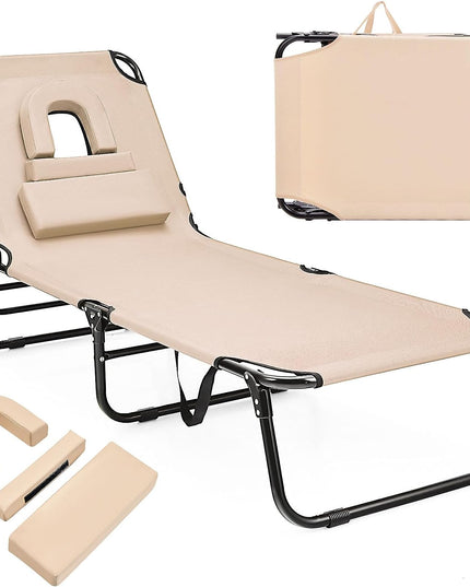 Giantex Folding Beach Tanning Chair - Adjustable Patio Lounge Chair w/Face Hole, Removable Pillows, Carry Strap