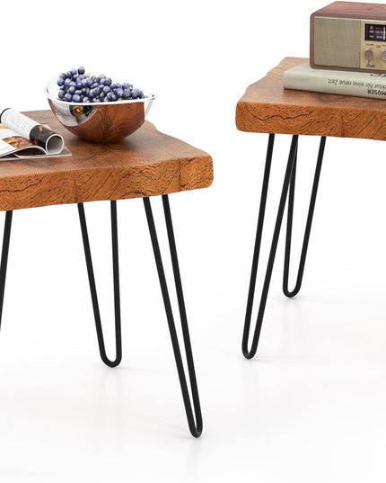 Giantex Teak Wood End Table, Solid Live Edge Outdoor Side Table w/Natural Grain & Heavy-Duty Metal Legs