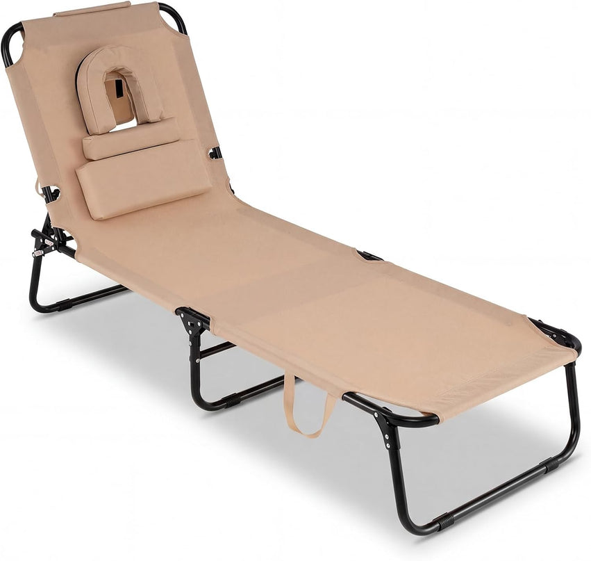Giantex Folding Beach Tanning Chair - Adjustable Patio Lounge Chair w/Face Hole