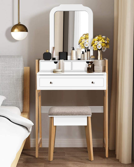 CHARMAID Vanity Set with 2-Tier Tabletop & 3 Drawers, 25inch Dressing Table with Large Mirror and Cushioned Stool - Giantexus