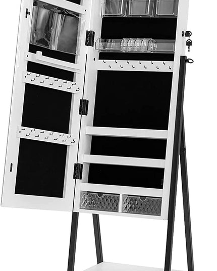 CHARMAID Rolling Jewelry Cabinet with Full Length Mirror, Lockable Standing Jewelry Armoire with Wheels