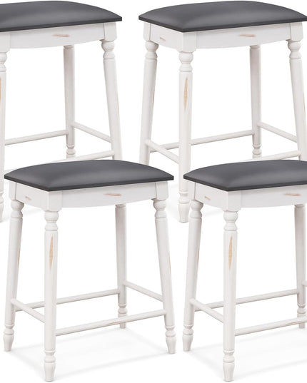 Giantex Bar Stools, 29"/24" Bar Height Saddle Stools w/Padded Seat, Rubber Wood Legs, Footrests & Antiqued Surface