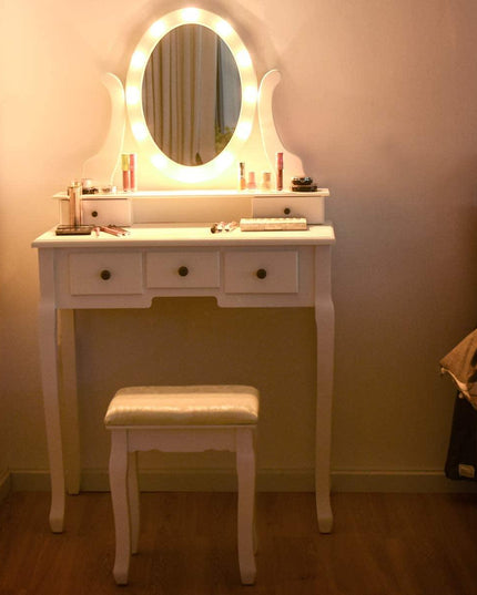 LED Vanity Set Dressing Table with Mirror White Makeup Vanities with Padded Stool - Giantexus