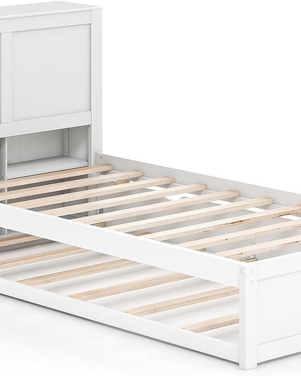 Giantex Full Bed Frame with Twin Trundle, Wooden Bed Wooden Bed Frame with 2 Rolling Bookcases & High Headboard
