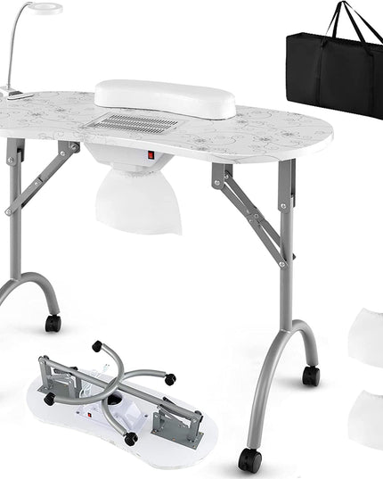 Giantex Nail Desk with Electric Dust Collector, Portable Manicure Table with USB-Plug LED Table Lamp