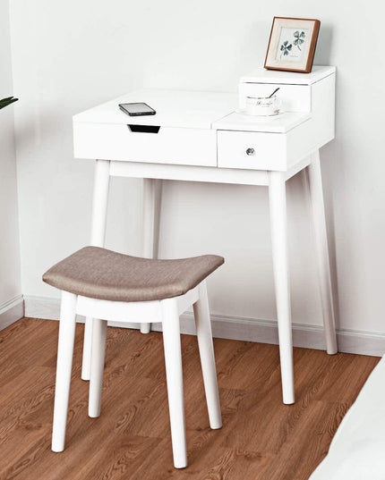 Vanity Table Set with Flip Top Mirror and Cushioned Stool with 2 Drawers, White - Giantexus