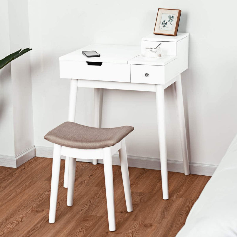 Vanity Table Set with Flip Top Mirror and Cushioned Stool with 2 Drawers, White - Giantexus