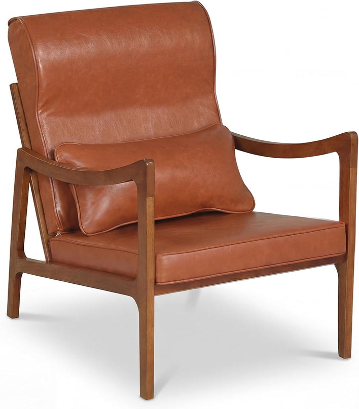 Giantex Mid-Century Faux Leather Upholstered Armchair with Lumbar Pillow (1/2)