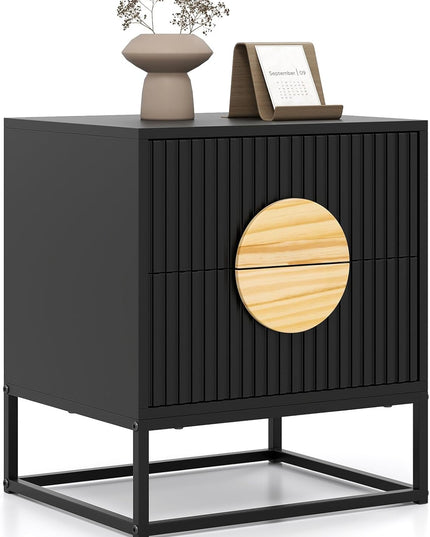 Giantex Fluted Nightstand with 2 Drawers Natural Circle Handle & Metal Frame