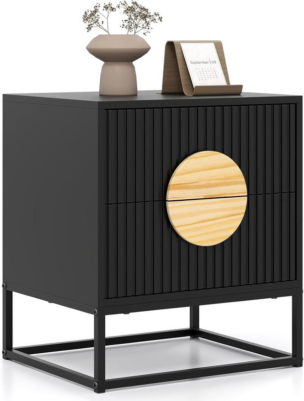 Giantex Fluted Nightstand with 2 Drawers Natural Circle Handle & Metal Frame