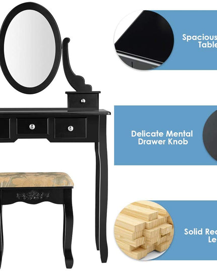 CHARMAID Vanity Table Set with Rotatable Oval Mirror (Black) - Giantexus
