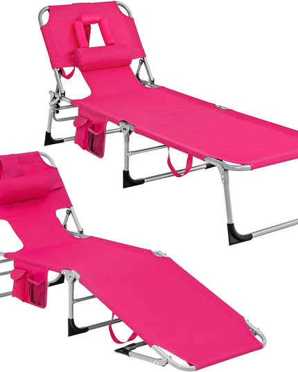 Giantex Tanning Chair Folding Beach Chair w/Face Arm Hole, Washable Pillow, Pocket