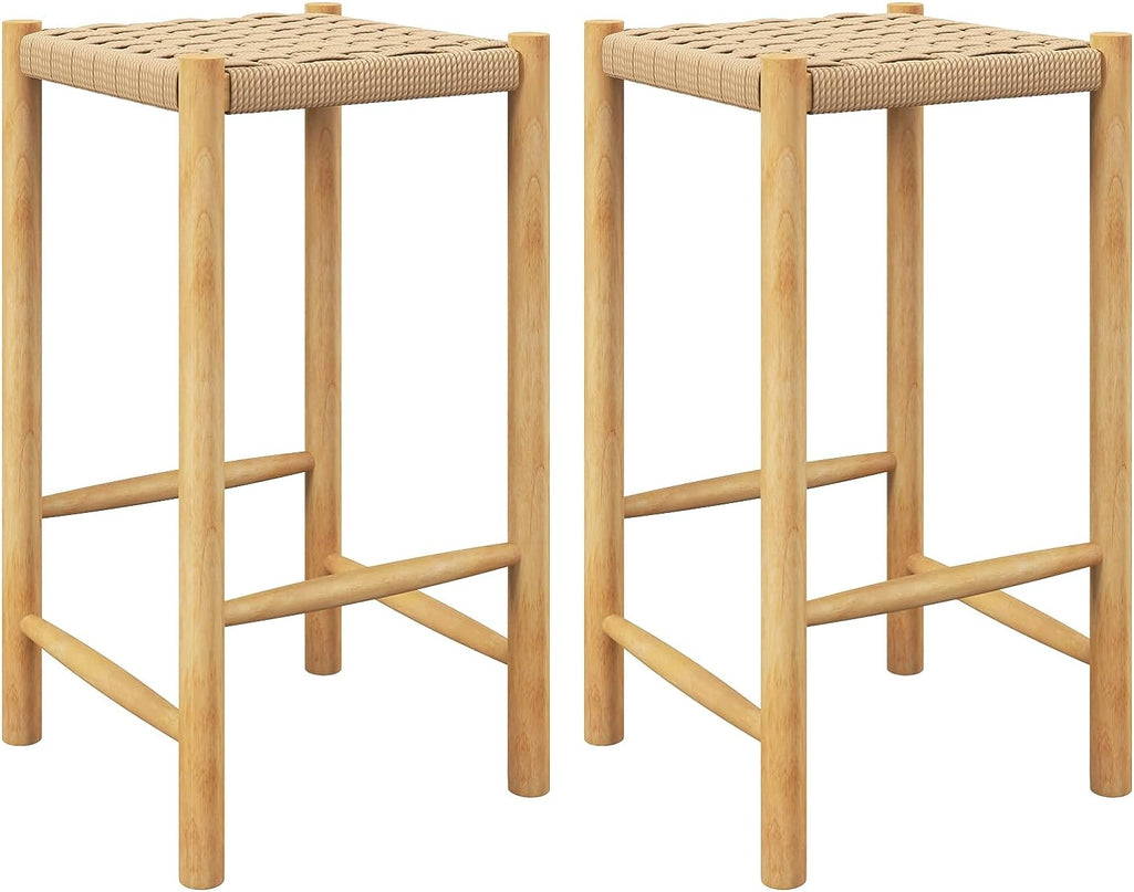Giantex Wood Stools Set of 2, 18" Tall Boho Backless Stool Chairs with Rubber Wood Legs
