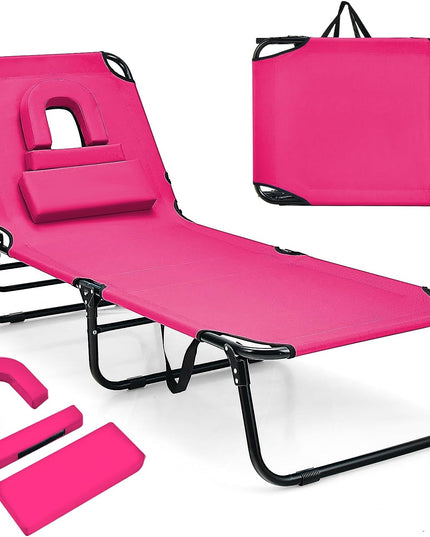 Giantex Folding Beach Tanning Chair - Adjustable Patio Lounge Chair w/Face Hole, Removable Pillows, Carry Strap