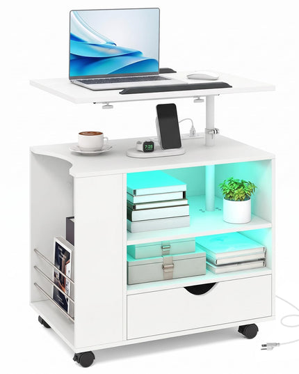 GIANTEX LED Rolling Nightstand with Charging Station & Laptop Tray
