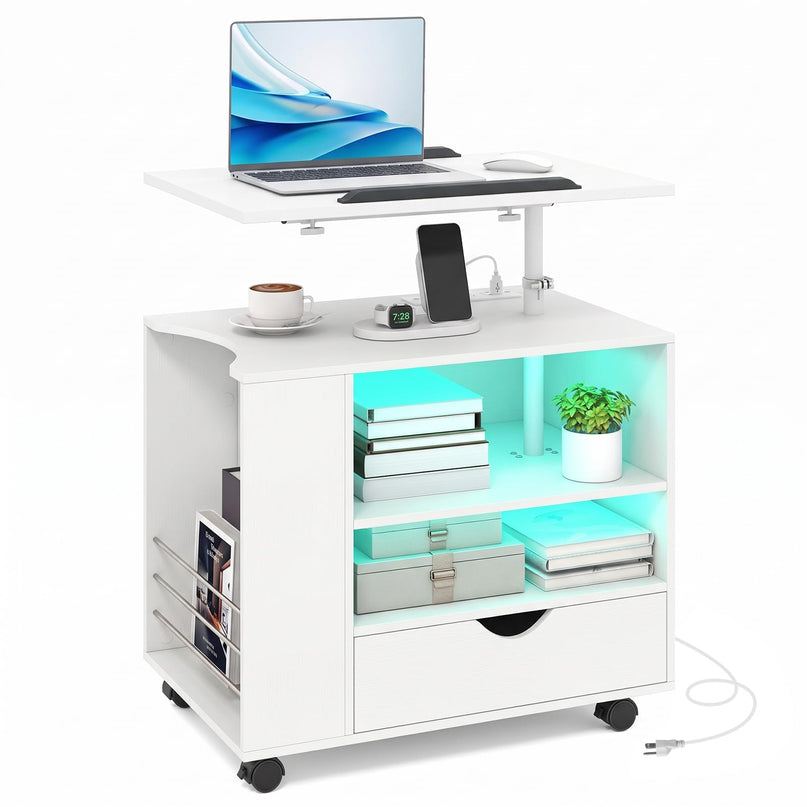 GIANTEX LED Rolling Nightstand with Charging Station & Laptop Tray