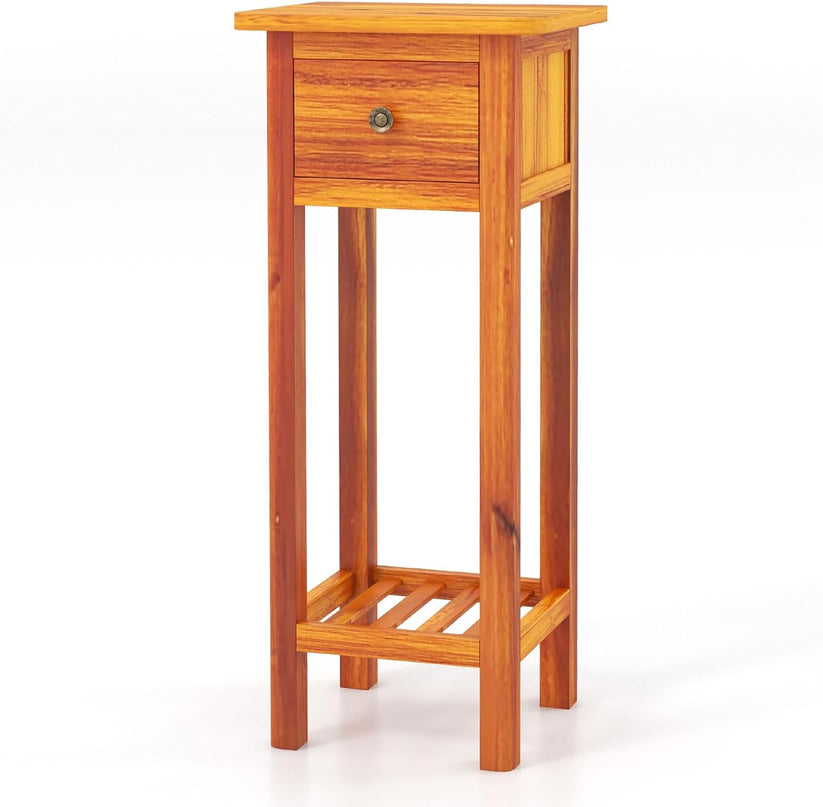 Giantex Narrow End Table with Drawer, Tall Acacia Wood Side Table with Bottom Shelf, Modern Bedside Tables