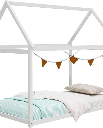 Giantex Twin House Bed, Wood Montessori Bed Frame with House Roof Canopy