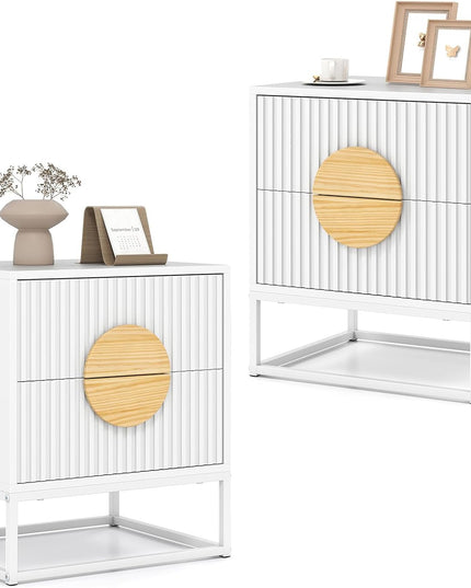 Giantex Fluted Nightstand with 2 Drawers Natural Circle Handle & Metal Frame