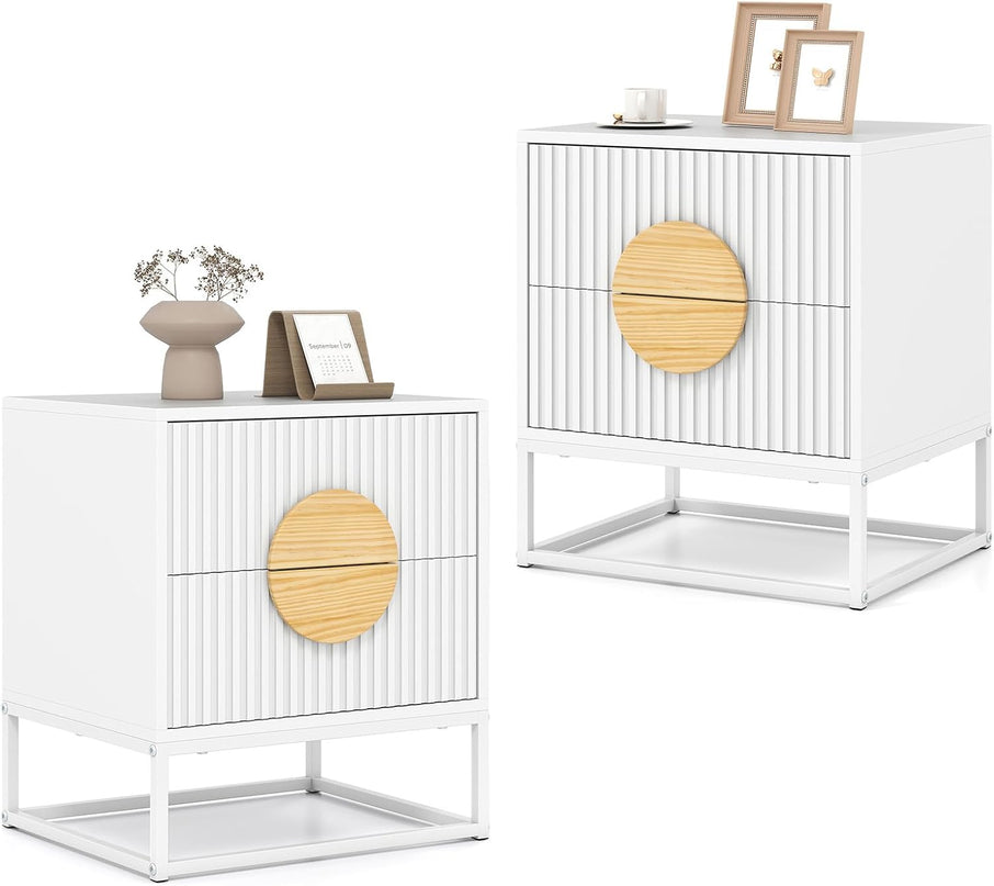 Giantex Fluted Nightstand with 2 Drawers Natural Circle Handle & Metal Frame