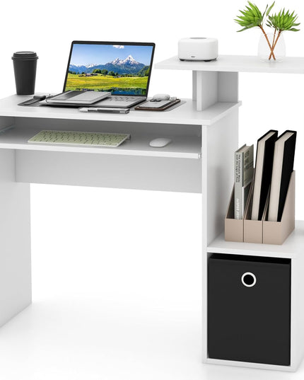 Giantex Computer Desk with Keyboard Tray, Compact Home Office Desk with Fabric Drawer & Storage Shelf