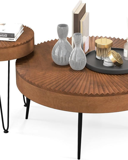 Giantex Round Coffee Table Set of 2 - Sofa Side Nesting Table w/Solid Pine Wood Top