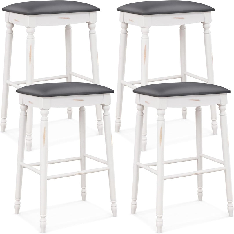 Giantex Bar Stools, 29"/24" Bar Height Saddle Stools w/Padded Seat, Rubber Wood Legs, Footrests & Antiqued Surface
