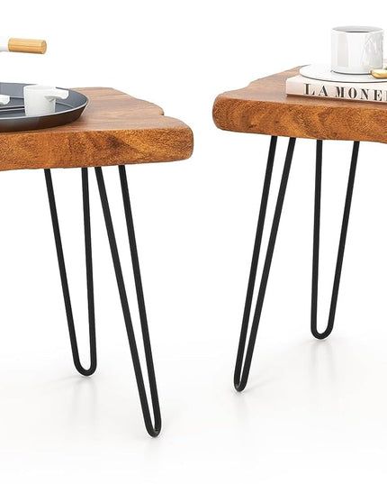 Giantex Teak Wood End Table, Solid Live Edge Outdoor Side Table w/Natural Grain & Heavy-Duty Metal Legs