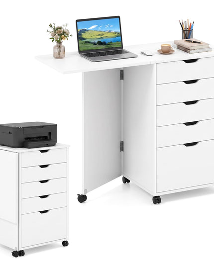 GIANTEX 5-Drawer Wood Compact Foldable Drop-Leaf Computer Desk with Wheels