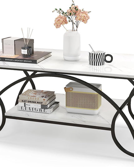 Table basse rectangulaire à 2 niveaux Giantex, table de cocktail moderne chic avec étagère de rangement ouverte, blanc/doré