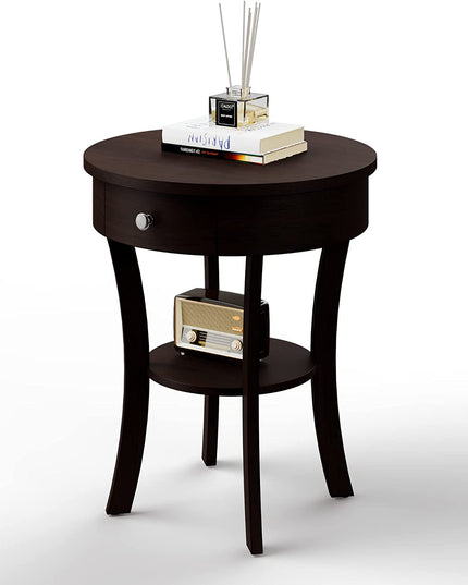 Giantex Round End Table with Drawer, 2-Tier Wood Side Table w/Open Shelf