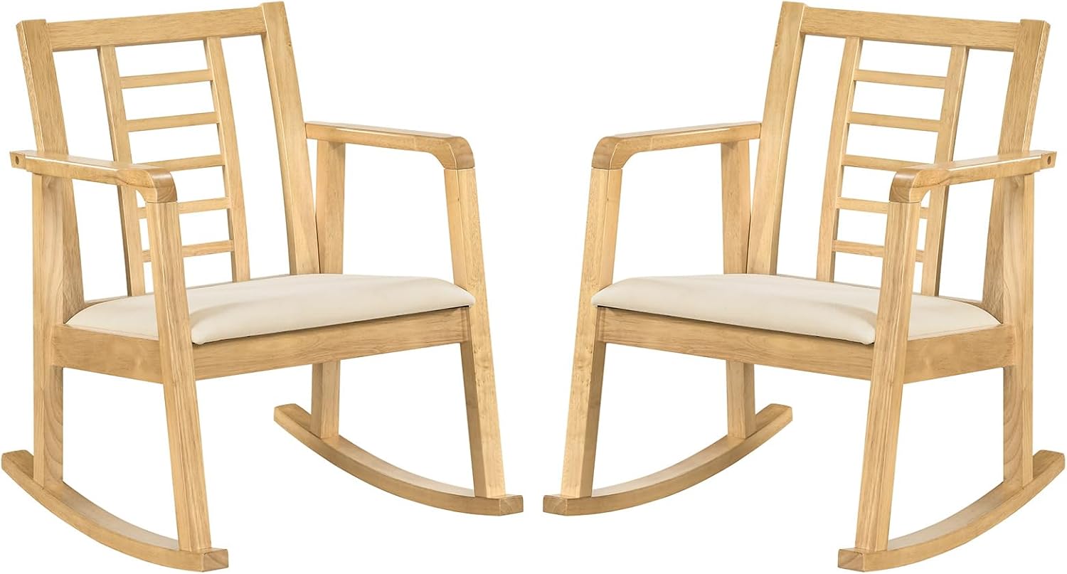 Giantex Solid Rubber Wooden Rocking Chair with Fabric Upholstered Seat (1/2)