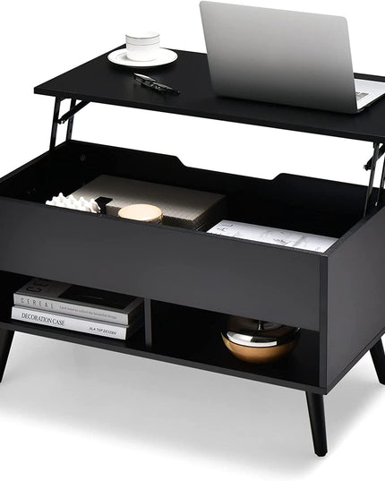 Giantex Lift Top Coffee Table, Modern Cocktail Table w/Hidden Compartment & 2 Open Shelves
