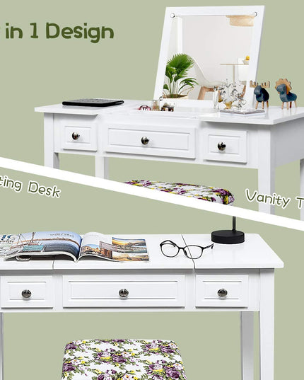 CHARMAID Vanity Set with Flip Top Mirror and 3 Drawers &7 Compartments, White - Giantexus