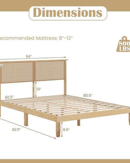 Cadres de lit Giantex Queen/Full/Twin avec tête de lit en rotin, plateforme de lit bohème en bois massif avec lattes en bois