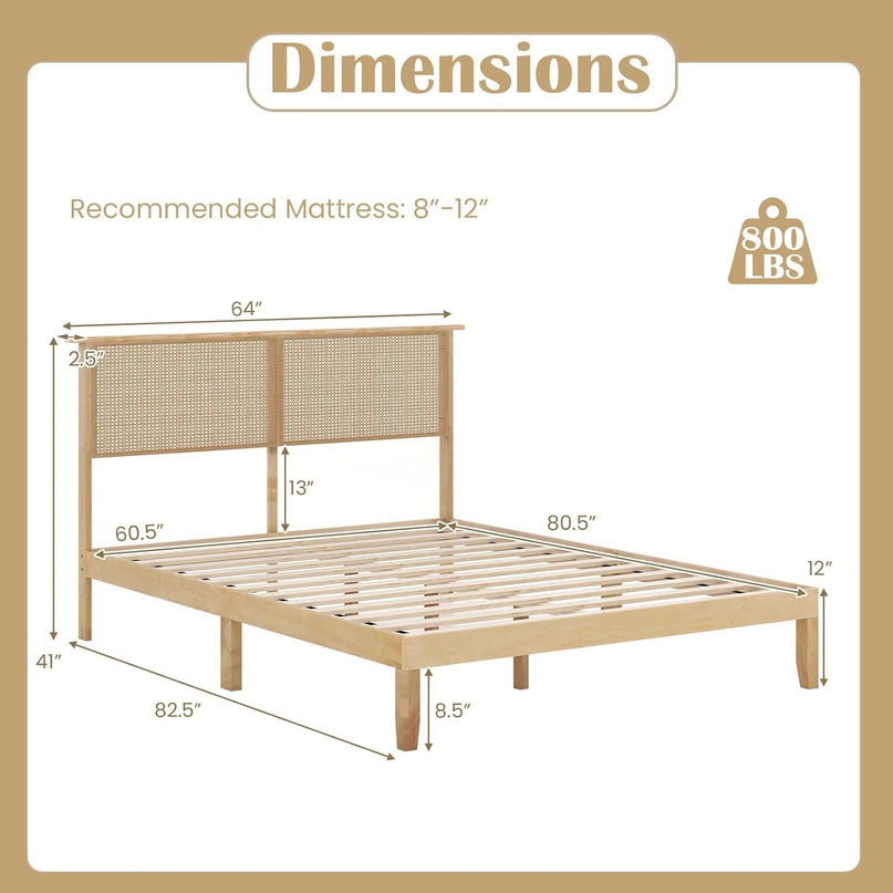 Giantex Queen/Full/Twin Bed Frames with Rattan Headboard, Boho Solid Wood Platform Bed with Wooden Slats