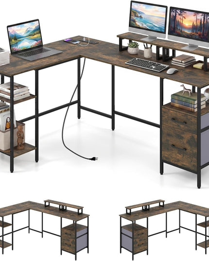 Giantex 63" Reversible L Shaped Desk with Charging Station