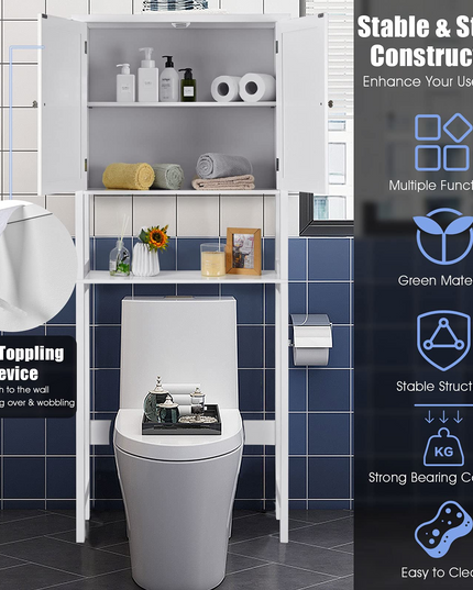 Giantex Over The Toilet Storage Cabinet W/ 2-Door Cabinet, Open Shelf, 3-Positon Adjustable Shelf