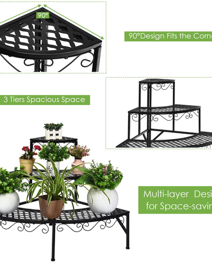 Giantex Étagère d'angle pour plantes, support métallique à 3 niveaux pour fleurs, étagère d'angle en forme d'échelle pour plantes en pot.