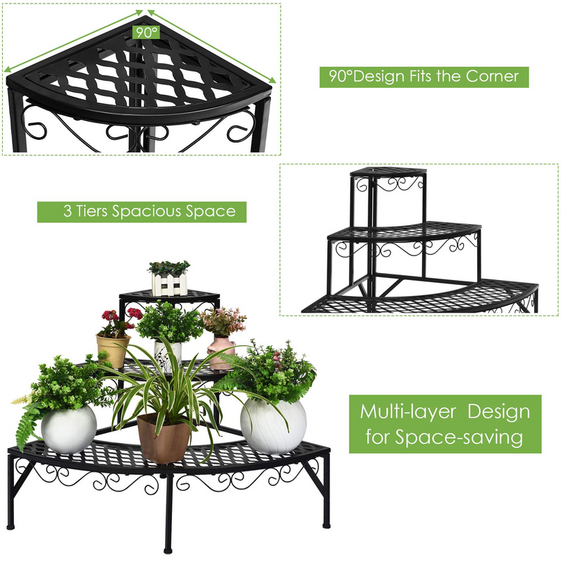 Giantex Étagère d'angle pour plantes, support métallique à 3 niveaux pour fleurs, étagère d'angle en forme d'échelle pour plantes en pot.