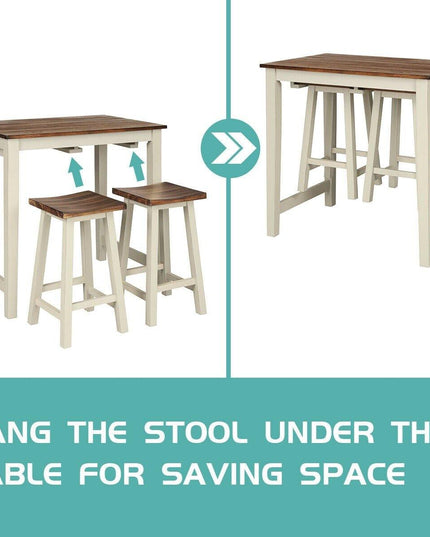 3 Piece Pub Dining Set, Counter Height Pub Table with 2 Saddle Bar Stools, Tavern Collection Table (Brown & Milky White) - Giantexus