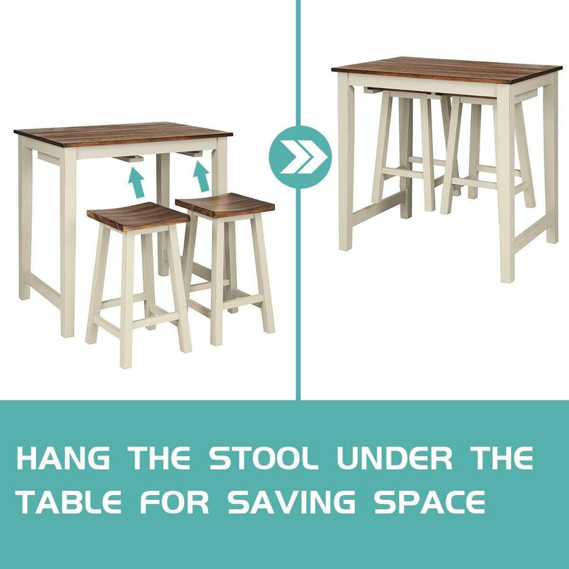 3 Piece Pub Dining Set, Counter Height Pub Table with 2 Saddle Bar Stools, Tavern Collection Table (Brown & Milky White) - Giantexus