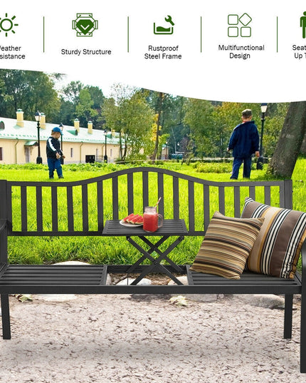 Giantex Patio Bench w/ Pullout Middle Table, Outdoor Benches2-3 Person, Metal Benches for Outside (Black)