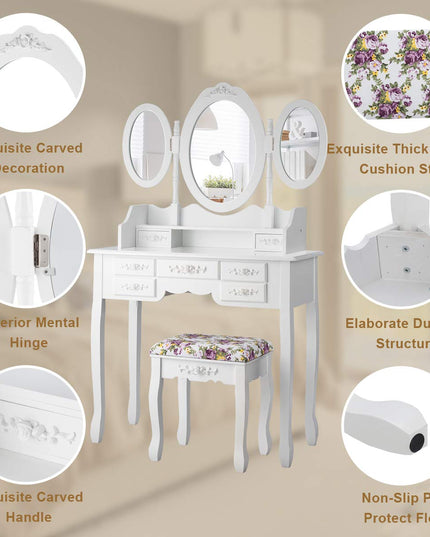 Vanity Set with Tri-Folding Mirror and Cushioned Stool - Giantex
